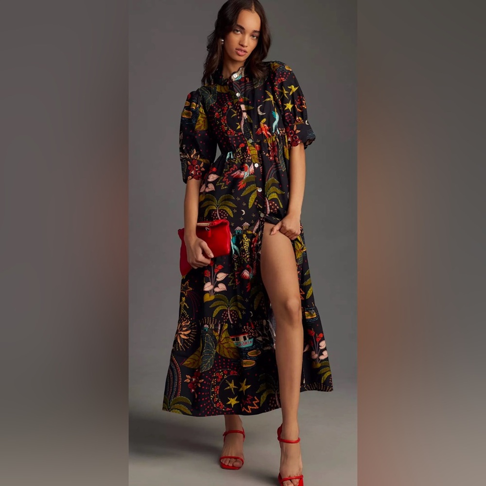 EUC Farm Rio Short-Sleeve Printed Midi Shirt Dress size M